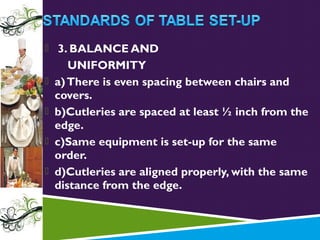  3. BALANCE AND





UNIFORMITY
a) There is even spacing between chairs and
covers.
b)Cutleries are spaced at least ½ inch from the
edge.
c)Same equipment is set-up for the same
order.
d)Cutleries are aligned properly, with the same
distance from the edge.

 