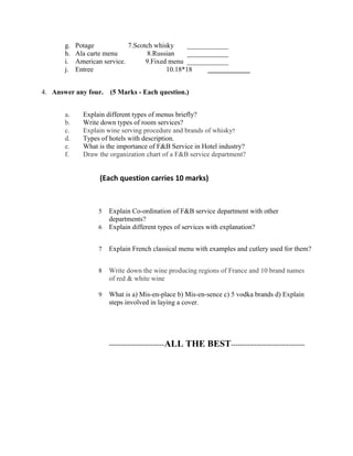 F b service final examination question paper PDF