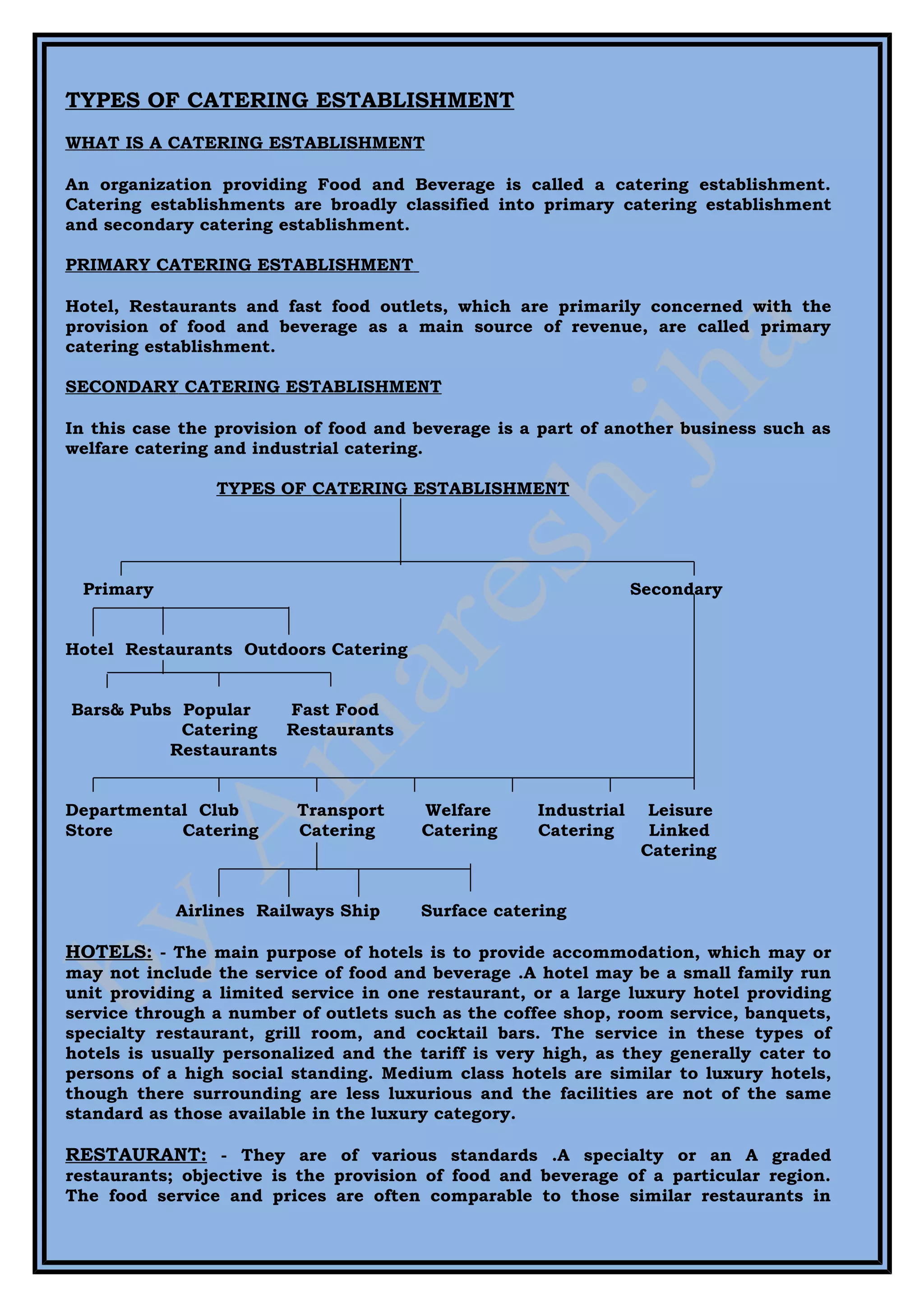 TYPES OF CATERING ESTABLISHMENT
WHAT IS A CATERING ESTABLISHMENT

An organization providing Food and Beverage is called a catering establishment.
Catering establishments are broadly classified into primary catering establishment
and secondary catering establishment.

PRIMARY CATERING ESTABLISHMENT

Hotel, Restaurants and fast food outlets, which are primarily concerned with the
provision of food and beverage as a main source of revenue, are called primary
catering establishment.

SECONDARY CATERING ESTABLISHMENT

In this case the provision of food and beverage is a part of another business such as
welfare catering and industrial catering.

                TYPES OF CATERING ESTABLISHMENT




 Primary                                                          Secondary


Hotel Restaurants Outdoors Catering


Bars& Pubs Popular    Fast Food
           Catering   Restaurants
          Restaurants


Departmental Club         Transport     Welfare      Industrial     Leisure
Store      Catering       Catering      Catering     Catering       Linked
                                                                   Catering


            Airlines Railways Ship     Surface catering

HOTELS: - The main purpose of hotels is to provide accommodation, which may or
may not include the service of food and beverage .A hotel may be a small family run
unit providing a limited service in one restaurant, or a large luxury hotel providing
service through a number of outlets such as the coffee shop, room service, banquets,
specialty restaurant, grill room, and cocktail bars. The service in these types of
hotels is usually personalized and the tariff is very high, as they generally cater to
persons of a high social standing. Medium class hotels are similar to luxury hotels,
though there surrounding are less luxurious and the facilities are not of the same
standard as those available in the luxury category.

RESTAURANT: - They are of various standards .A specialty or an A graded
restaurants; objective is the provision of food and beverage of a particular region.
The food service and prices are often comparable to those similar restaurants in
 