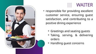 WAITER
• responsible for providing excellent
customer service, ensuring guest
satisfaction, and contributing to a
positive dining experience
⚬ Greetings and seating guests
⚬ Taking, serving, & delivering
orders
⚬ Handling guest concerns
 