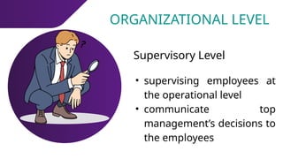 ORGANIZATIONAL LEVEL
Supervisory Level
• supervising employees at
the operational level
• communicate top
management’s decisions to
the employees
 