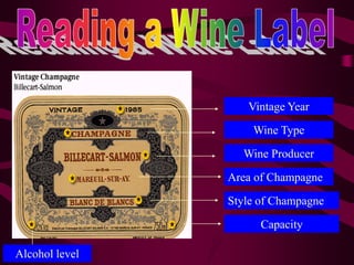 Vintage Year
Wine Type
Wine Producer
Area of Champagne
Style of Champagne
Capacity
Alcohol level
 