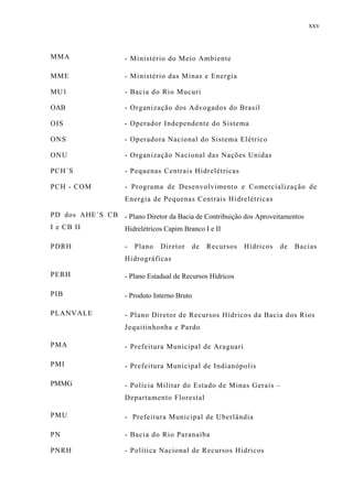 xxv
MMA - Ministério do Meio Ambiente
MME - Ministério das Minas e Energia
MU1 - Bacia do Rio Mucuri
OAB - Organização dos Advogados do Brasil
OIS - Operador Independente do Sistema
ONS - Operadora Nacional do Sistema Elétrico
ONU - Organização Nacional das Nações Unidas
PCH´S - Pequenas Centrais Hidrelétricas
PCH - COM - Programa de Desenvolvimento e Comercialização de
Energia de Pequenas Centrais Hidrelétricas
PD dos AHE´S CB
I e CB II
- Plano Diretor da Bacia de Contribuição dos Aproveitamentos
Hidrelétricos Capim Branco I e II
PDRH - Plano Diretor de Recursos Hídricos de Bacias
Hidrográficas
PERH - Plano Estadual de Recursos Hídricos
PIB - Produto Interno Bruto
PLANVALE - Plano Diretor de Recursos Hídricos da Bacia dos Rios
Jequitinhonha e Pardo
PMA - Prefeitura Municipal de Araguari
PMI - Prefeitura Municipal de Indianópolis
PMMG - Polícia Militar do Estado de Minas Gerais –
Departamento Florestal
PMU - Prefeitura Municipal de Uberlândia
PN - Bacia do Rio Paranaíba
PNRH - Política Nacional de Recursos Hídricos
 