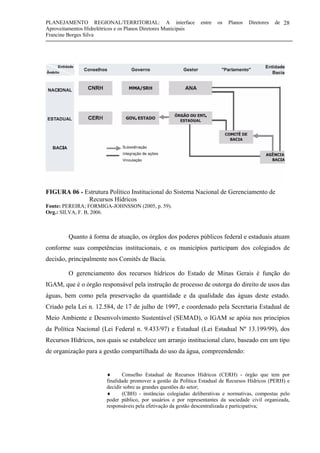 PLANEJAMENTO REGIONAL/TERRITORIAL: A interface entre os Planos Diretores de
Aproveitamentos Hidrelétricos e os Planos Diretores Municipais
Francine Borges Silva
28
FIGURA 06 - Estrutura Político Institucional do Sistema Nacional de Gerenciamento de
Recursos Hídricos
Fonte: PEREIRA; FORMIGA-JOHNSSON (2005, p. 59).
Org.: SILVA, F. B, 2006.
Quanto à forma de atuação, os órgãos dos poderes públicos federal e estaduais atuam
conforme suas competências institucionais, e os municípios participam dos colegiados de
decisão, principalmente nos Comitês de Bacia.
O gerenciamento dos recursos hídricos do Estado de Minas Gerais é função do
IGAM, que é o órgão responsável pela instrução de processo de outorga do direito de usos das
águas, bem como pela preservação da quantidade e da qualidade das águas deste estado.
Criado pela Lei n. 12.584, de 17 de julho de 1997, e coordenado pela Secretaria Estadual de
Meio Ambiente e Desenvolvimento Sustentável (SEMAD), o IGAM se apóia nos princípios
da Política Nacional (Lei Federal n. 9.433/97) e Estadual (Lei Estadual Nº 13.199/99), dos
Recursos Hídricos, nos quais se estabelece um arranjo institucional claro, baseado em um tipo
de organização para a gestão compartilhada do uso da água, compreendendo:
♦ Conselho Estadual de Recursos Hídricos (CERH) - órgão que tem por
finalidade promover a gestão da Política Estadual de Recursos Hídricos (PERH) e
decidir sobre as grandes questões do setor;
♦ (CBH) - instâncias colegiadas deliberativas e normativas, compostas pelo
poder público, por usuários e por representantes da sociedade civil organizada,
responsáveis pela efetivação da gestão descentralizada e participativa;
 