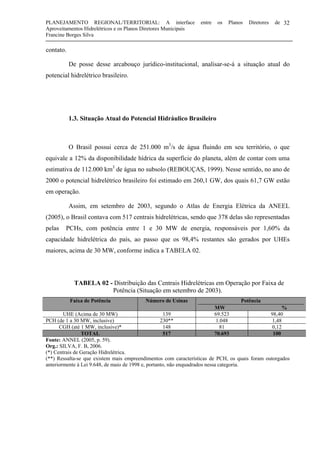 PLANEJAMENTO REGIONAL/TERRITORIAL: A interface entre os Planos Diretores de
Aproveitamentos Hidrelétricos e os Planos Diretores Municipais
Francine Borges Silva
32
contato.
De posse desse arcabouço jurídico-institucional, analisar-se-á a situação atual do
potencial hidrelétrico brasileiro.
1.3. Situação Atual do Potencial Hidráulico Brasileiro
O Brasil possui cerca de 251.000 m3
/s de água fluindo em seu território, o que
equivale a 12% da disponibilidade hídrica da superfície do planeta, além de contar com uma
estimativa de 112.000 km3
de água no subsolo (REBOUÇAS, 1999). Nesse sentido, no ano de
2000 o potencial hidrelétrico brasileiro foi estimado em 260,1 GW, dos quais 61,7 GW estão
em operação.
Assim, em setembro de 2003, segundo o Atlas de Energia Elétrica da ANEEL
(2005), o Brasil contava com 517 centrais hidrelétricas, sendo que 378 delas são representadas
pelas PCHs, com potência entre 1 e 30 MW de energia, responsáveis por 1,60% da
capacidade hidrelétrica do país, ao passo que os 98,4% restantes são gerados por UHEs
maiores, acima de 30 MW, conforme indica a TABELA 02.
TABELA 02 - Distribuição das Centrais Hidrelétricas em Operação por Faixa de
Potência (Situação em setembro de 2003).
Faixa de Potência Número de Usinas Potência
MW %
UHE (Acima de 30 MW) 139 69.523 98,40
PCH (de 1 a 30 MW, inclusive) 230** 1.048 1,48
CGH (até 1 MW, inclusive)* 148 81 0,12
TOTAL 517 70.693 100
Fonte: ANNEL (2005, p. 59).
Org.: SILVA, F. B, 2006.
(*) Centrais de Geração Hidrelétrica.
(**) Ressalta-se que existem mais empreendimentos com características de PCH, os quais foram outorgados
anteriormente à Lei 9.648, de maio de 1998 e, portanto, não enquadrados nessa categoria.
 