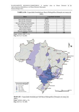 PLANEJAMENTO REGIONAL/TERRITORIAL: A interface entre os Planos Diretores de
Aproveitamentos Hidrelétricos e os Planos Diretores Municipais
Francine Borges Silva
38
TABELA 04 - Capacidade Instalada por Bacia Hidrográfica (Situação em março de
2003)
Bacia Capacidade Instalada
(MW) %
Bacia do Rio Amazonas 667,30 1,0
Bacia do Rio Tocantins 7.729,65 11,7
Bacia do Atlântico Norte/Nordeste 300,92 0,5
Bacia do Rio São Francisco 10.289,64 15,5
Bacia do Atlântico Leste 2.589,00 3,9
Bacia do Rio Paraná 39.262,81 59,3
Bacia do Rio Uruguai 2.859,59 4,3
Bacia do Atlântico Sudeste 2.519,32 3,8
TOTAL 66.218,23 100
Fonte: ANNEL (2005, p. 52).
Org: SILVA, F. B, 2006.
MAPA 03 – Capacidade Instalada por Sub Bacia Hidrográfica (Situação em março de
2003).
Fonte: ANNEL (2005, p. 55).
Org.: SILVA, F. B, 2006.
 