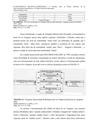 PLANEJAMENTO REGIONAL/TERRITORIAL: A interface entre os Planos Diretores de
Aproveitamentos Hidrelétricos e os Planos Diretores Municipais.
Francine Borges Silva.
76
Indianópolis -- Fraca
Rio Paranaíba -- Fraca
Nova Ponte -- Fraca
Sacramento Centro de Zona Fraca
QUADRO 05 – Nível de Centralidade no Triângulo Mineiro/Alto Paranaíba - Segundo pesquisa da FIBGE,
1987 e 2000.
Fonte: SOARES et al. (2004, p. 155).
Org.: SILVA, F. B., 2006.
Nessa classificação, a região do Triângulo Mineiro/Alto Paranaíba, correspondente à
bacia do rio Araguari, possui duas capitais regionais, Uberlândia e Uberaba, sendo que a
primeira possui um nível de centralidade “muito forte” em detrimento da segunda, que é
considerada “forte”. Além disso, constata-se também a existência de três centros sub-
regionais. Dois deles são de centralidade “média” para “fraco” – Araguari e Patrocínio –, e
apenas a cidade de Araxá apresenta centralidade “média”.
Já o estudo desenvolvido pelo IPEA/IBGE/UNICAMP, de 1999, considera critérios
como diversidade da economia, concentração de centros decisórios e escala de urbanização,
uma nova hierarquização da rede urbana brasileira. Assim, observe a hierarquização urbana
da bacia do rio Araguari, de acordo com os critérios da pesquisa acima na FIGURA 11.
FIGURA 11 - Esquema Aproximado da Relação entre as Cidades da bacia do rio Araguari,
2002.
Fonte: SOARES et al. (2004, p. 157).
Org.: SILVA, F. B., 2006.
Ao mostrar a hierarquização das cidades da bacia do rio Araguari, esse esquema
destaca Uberlândia como a “grande cidade média”; Uberaba e Araguari são “cidades médias”;
Araxá e Patrocínio, “grandes cidades locais”; e Ibiá, Sacramento e Tupaciguara têm, nesse
esquema, porte de “cidades locais”. Ademais, toda a rede urbana desta bacia relaciona-se
 