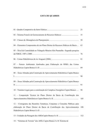xviii
LISTA DE QUADROS
01 - Quadro Comparativo do Setor Elétrico ................................................................. 21
02 – Sistema Francês de Gerenciamento de Recursos Hídricos ................................... 31
03 – Classes de Abrangência do Planejamento ............................................................. 58
04 – Elementos Componentes de um Plano Diretor de Recursos Hídricos de Bacia ... 63
05 – Nível de Centralidade no Triângulo Mineiro/Alto Paranaíba - Segundo pesquisa
da FIBGE, 1987 e 2000 ................................................................................................. 76
06 – Usinas Hidrelétricas do rio Araguari (2006) ......................................................... 81
07 – Fatores Ambientais Analisados para Elaboração do RIMA das Usinas
Hidrelétricas Capim Branco I e II ................................................................................. 89
08 – Áreas Afetadas pela Construção do Aproveitamento Hidrelétrico Capim Branco
I ..................................................................................................................................... 90
09 – Áreas Afetadas pela Construção do Aproveitamento Hidrelétrico Capim Branco
II .................................................................................................................................... 91
10 – Tramites Legais para a constituição do Complexo Energético Capim Branco ..... 98
11 – Composição Técnica do Plano Diretor da Bacia de Contribuição dos
Aproveitamentos Hidrelétricos Capim Branco I e II .................................................... 105
12 – Cronograma das Reuniões Temáticas, Conjuntas e Consultas Públicas para
elaboração do Plano Diretor da Bacia de Contribuição dos Aproveitamentos
Hidrelétricos Capim Branco I e II .................................................................................
108
13 - Unidades da Paisagem dos AHEsCapim Branco I e II .......................................... 112
14 – “Sistemas de Terreno” dos AHEs Capim Branco I e II: Sistema de
 