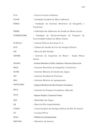 xxiv
FCA - Ferrovia Centro Atlântica
FEAM - Fundação Estadual de Meio Ambiente
FIBGE - Fundação do Instituto Brasileiro de Geografia e
Estatística
FIEMG - Federação das Indústrias do Estado de Minas Gerais
FUNDEP/UFMG - Fundação de Desenvolvimento da Pesquisa da
Universidade Federal de Minas Gerais
FURNAS - Central Elétrica de Furnas S. A.
GCE - Câmara de Gestão da Cris de Energia Elétrica
GD - Bacia do Rio Grande
IAB-MG - Instituto de Arquitetos do Brasil – Seção Minas
Gerais
IBAMA - Instituto Brasileiro de Meio Ambiente e Recursos Renovavéis
IBGE - Instituto Brasileiro de Geografia e Estatística
IGAM - Instituto Mineiro de Gestão das Águas
IEF - Instituto Estadual de Florestas
IMA - Instituto Mineiro de Agropecuária
INFRAERO - Empresa Brasileira de Infra-Estrutura Aeronáutica
IPEA - Instituto de Pesquisa Econômica Aplicada
IPTU - Imposto Predial e Territorial Urbano
IQA - Qualidade das Águas
JQ - Bacia do Rio Jequetinhonha
LIGHT - Concessionária de Energia Elétrica do Rio de Janeiro
LP - Licença Prévia
MAG - Modelo de avalização/gestão
MINTER - Minstério do Interior
 