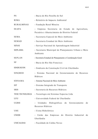 xxvi
PS - Bacia do Rio Paraíba do Sul
RIMA - Relatório de Impacto Ambiental
RURALMINAS - Fundação Rural Mineira
SEAPA - Empresa Secretaria de Estado de Agricultura,
Pecuária e Abastecimento do Distrito Federal
SEMA - Secretaria Especial do Meio Ambiente
SEMAD - Secretaria Estadual do Meio Ambiente
SENAI - Serviço Nacional de Aprendizagem Industrial
SEPLAMA - Secretaria Municipal de Planejamento Urbano e Meio
Ambiente
SEPLAN - Secretaria Estadual de Planejamento e Coordenação Geral
SF - Bacia do Rio São Francisco
SINDUSCON - Sindicato da Construção Civil de Uberlândia
SINGREH - Sistema Nacional de Gerenciamento de Recursos
Hídricos
SISNAMA - Sistema Nacional do Meio Ambiente
SIT - Sistema Integrado de Transporte
SRH - Secretaria de Recursos Hídricos
TESE TECNOLOGIA - Tecnologia em Sistemas Especias Ltda
UFU - Universidade Federal de Uberlândia
UGRH - Unidades Hidrográficas de Gerenciamento de
Recursos Hídricos
UHE - Usina Hidrelétrica
UNEDI - União das Empresas do Distrito Industrial de
Uberlândia
UNICALDAS - Faculdade de Caldas Novas
 