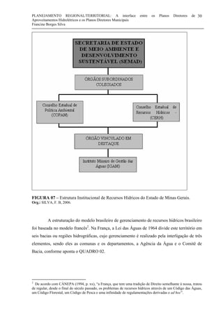 PLANEJAMENTO REGIONAL/TERRITORIAL: A interface entre os Planos Diretores de
Aproveitamentos Hidrelétricos e os Planos Diretores Municipais
Francine Borges Silva
30
FIGURA 07 – Estrutura Institucional de Recursos Hídricos do Estado de Minas Gerais.
Org.: SILVA, F. B, 2006.
A estruturação do modelo brasileiro de gerenciamento de recursos hídricos brasileiro
foi baseada no modelo francês2
. Na França, a Lei das Águas de 1964 divide este território em
seis bacias ou regiões hidrográficas, cujo gerenciamento é realizado pela interligação de três
elementos, sendo eles as comunas e os departamentos, a Agência da Água e o Comitê de
Bacia, conforme aponta o QUADRO 02.
2
De acordo com CÀNEPA (1994, p. xx), “a França, que tem uma tradição de Direito semelhante à nossa, tratou
de regular, desde o final do século passado, os problemas de recursos hídricos através de um Código das Águas,
um Código Florestal, um Código de Pesca e uma infinidade de regulamentações derivadas e ad hoc”.
 