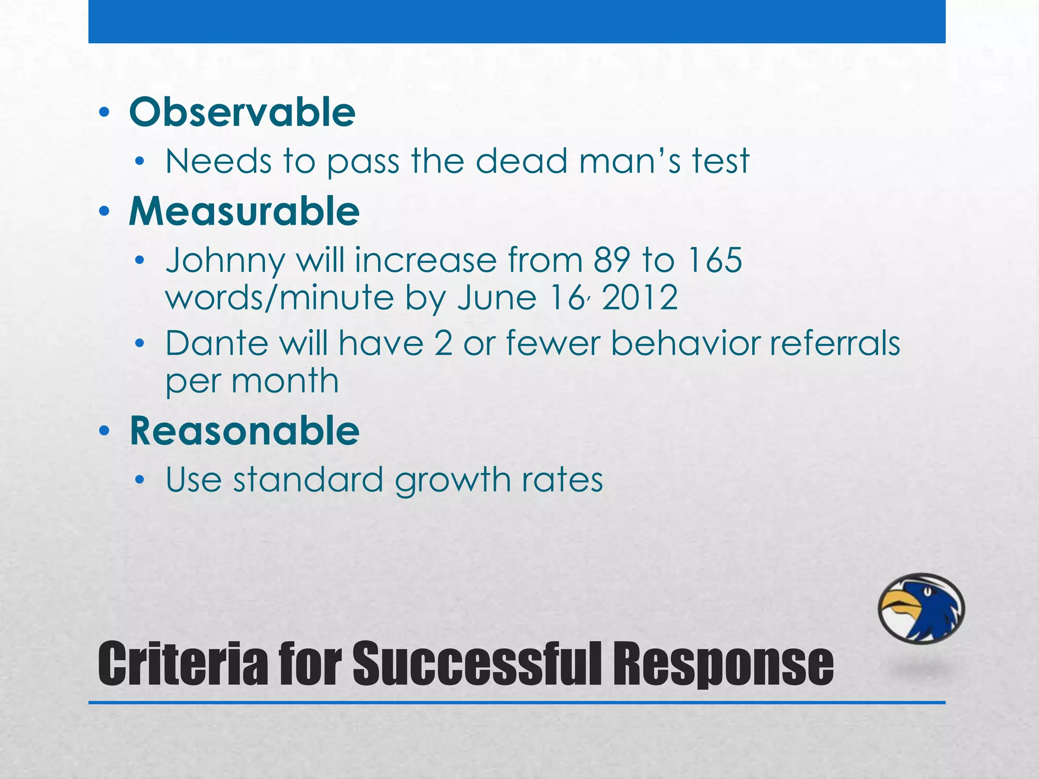 • Observable
 • Needs to pass the dead man’s test
• Measurable
 • Johnny will increase from 89 to 165
   words/minute by June 16, 2012
 • Dante will have 2 or fewer behavior referrals
   per month
• Reasonable
 • Use standard growth rates




Criteria for Successful Response
 