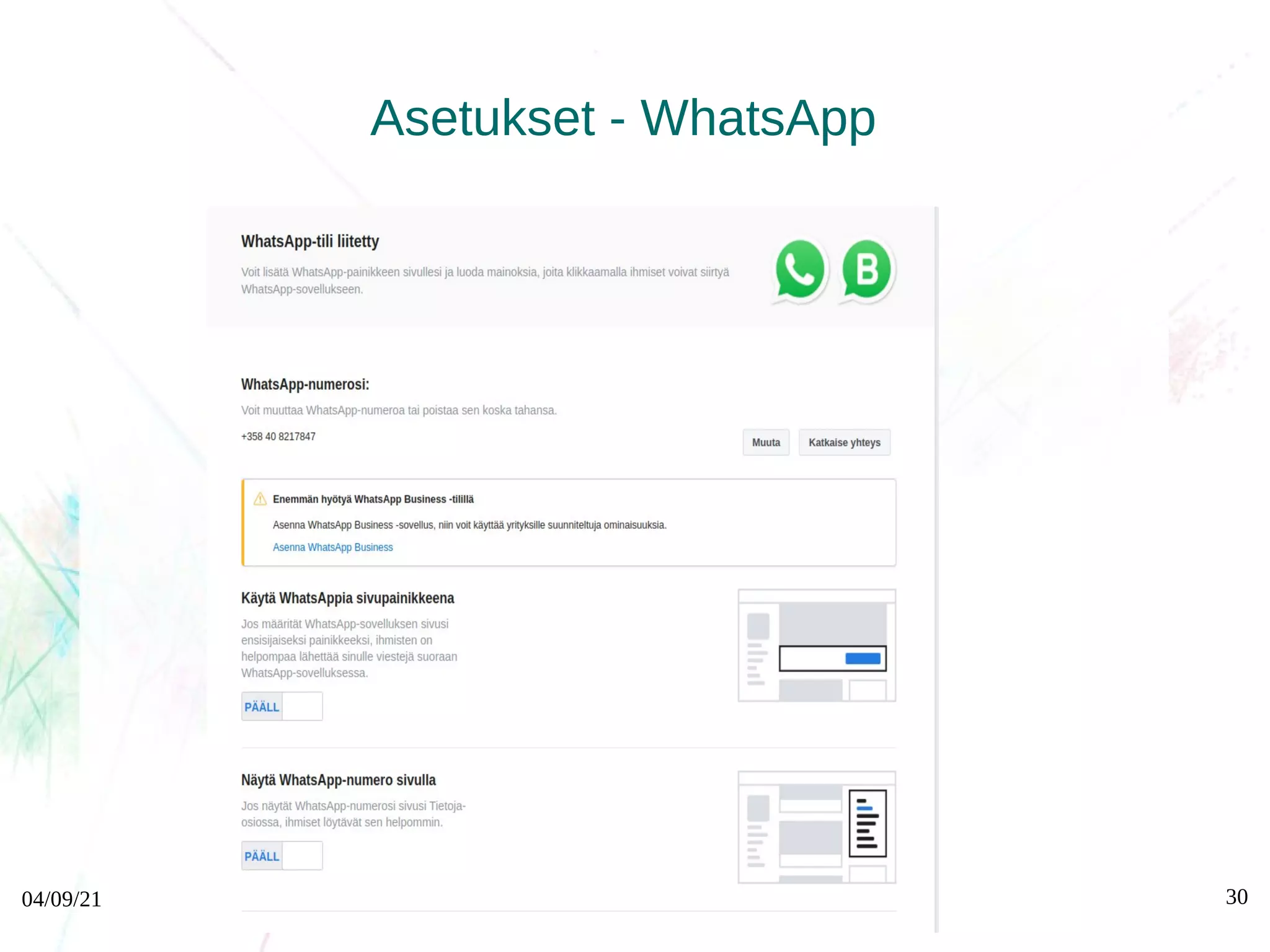 04/09/21 http://www.sarvas.fi 30
Asetukset - WhatsApp
 