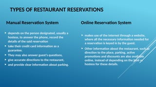 TYPES OF RESTAURANT RESERVATIONS
Manual Reservation System
 depends on the person designated, usually a
hostess, to answer the phone, record the
details of the said reservation
 take their credit card information as a
guarantee.
 They may also answer guest’s questions,
 give accurate directions to the restaurant,
 and provide clear information about parking.
Online Reservation System
 makes use of the internet through a website,
where all the necessary information needed for
a reservation is keyed in by the guest.
 Other information about the restaurant, such as
direction to the place, parking, active
promotions and discounts are also available
online, instead of depending on the host or
hostess for these details.
 