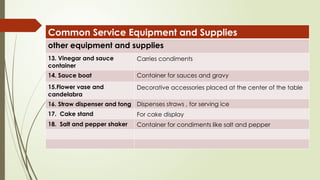 Common Service Equipment and Supplies
other equipment and supplies
13. Vinegar and sauce
container
Carries condiments
14. Sauce boat Container for sauces and gravy
15.Flower vase and
candelabra
Decorative accessories placed at the center of the table
16. Straw dispenser and tong Dispenses straws , for serving ice
17. Cake stand For cake display
18. Salt and pepper shaker Container for condiments like salt and pepper
 