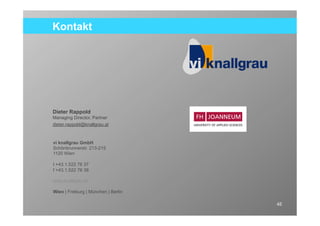Kontakt




Dieter Rappold
Managing Director, Partner
dieter.rappold@knallgrau.at


vi knallgrau GmbH
Schönbrunnerstr. 213-215
1120 Wien

t +43.1.522 76 37
f +43.1.522 76 38

www.knallgrau.at

Wien | Freiburg | München | Berlin

                                     45
 