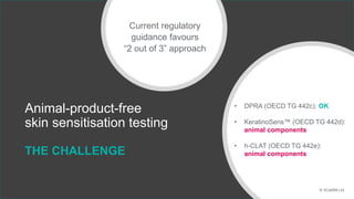 Animal-product-free
skin sensitisation testing
THE CHALLENGE
Current regulatory
guidance favours
“2 out of 3” approach
• DPRA (OECD TG 442c): OK
• KeratinoSens™ (OECD TG 442d):
animal components
• h-CLAT (OECD TG 442e):
animal components
© XCellR8 Ltd
 
