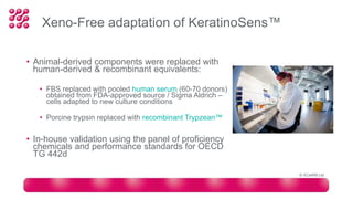 Xeno-Free adaptation of KeratinoSens™
• Animal-derived components were replaced with
human-derived & recombinant equivalents:
• FBS replaced with pooled human serum (60-70 donors)
obtained from FDA-approved source / Sigma Aldrich –
cells adapted to new culture conditions
• Porcine trypsin replaced with recombinant Trypzean™
• In-house validation using the panel of proficiency
chemicals and performance standards for OECD
TG 442d
© XCellR8 Ltd
 