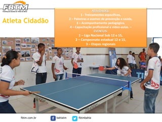 Atleta Cidadão
ATIVIDADES:
1 - Treinamentos específicos,
2 – Palestras e exames de prevenção a saúde,
3 – Acompanhamento pedagógico,
4 – Capacitação profissional e vídeo-aulas. –
EVENTOS:
1 – Liga Nacional Sub 12 e 15,
2 – Campeonato estadual 12 e 15,
3 – Etapas regionais
fbtm.com.br bahiatm fbtmbahia
 
