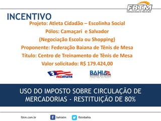 INCENTIVO
Projeto: Atleta Cidadão – Escolinha Social
Pólos: Camaçari e Salvador
(Negociação Escola ou Shopping)
Proponente: Federação Baiana de Tênis de Mesa
Título: Centro de Treinamento de Tênis de Mesa
Valor solicitado: R$ 179.424,00
USO DO IMPOSTO SOBRE CIRCULAÇÃO DE
MERCADORIAS - RESTITUIÇÃO DE 80%
fbtm.com.br bahiatm fbtmbahia
 