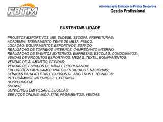 SUSTENTABILIDADE
PROJETOS ESPORTIVOS: ME, SUDESB, SECOPA, PREFEITURAS;
ACADEMIA: TREINAMENTO TÊNIS DE MESA, FÍSICO;
LOCAÇÃO: EQUIPAMENTOS ESPORTIVOS, ESPAÇO;
REALIZAÇÃO DE TORNEIOS INTERNOS: CAMPEONATO INTERNO;
REALIZAÇÃO DE EVENTOS EXTERNOS: EMPRESAS, ESCOLAS, CONDOMÍNIOS;
VENDAS DE PRODUTOS ESPORTIVOS: MESAS, TEXTIL, EQUIPAMENTOS;
VENDAS DE ALIMENTOS, BEBIDAS;
VENDAS DE ESPAÇOS DE MÍDIA E PROPAGANDA;
EXCURSÕES PARA CAMPEONATOS ESTADUAIS E NACIONAIS;
CLÍNICAS PARA ATLETAS E CURSOS DE ÁRBITROS E TÉCNICOS;
INTERCÂMBIOS INTERNOS E EXTERNOS
HOSPEDAGEM;
SHOWS;
CONVÊNIOS EMPRESAS E ESCOLAS;
SERVIÇOS ONLINE: MIDIA SITE, PAGAMENTOS, VENDAS.
Administração Entidade de Prática Desportiva
Gestão Profissional
 