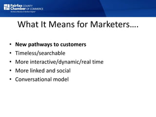 What It Means for Marketers….
• New pathways to customers
• Timeless/searchable
• More interactive/dynamic/real time
• More linked and social
• Conversational model
 