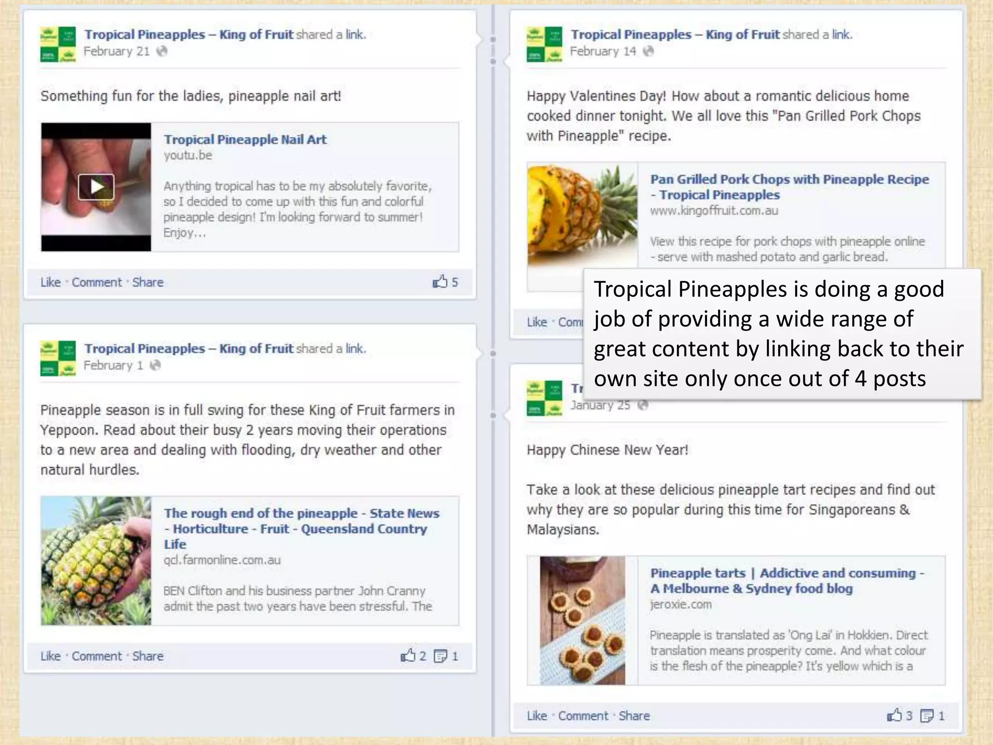 Tropical Pineapples is doing a good
job of providing a wide range of
great content by linking back to their
own site only once out of 4 posts
 