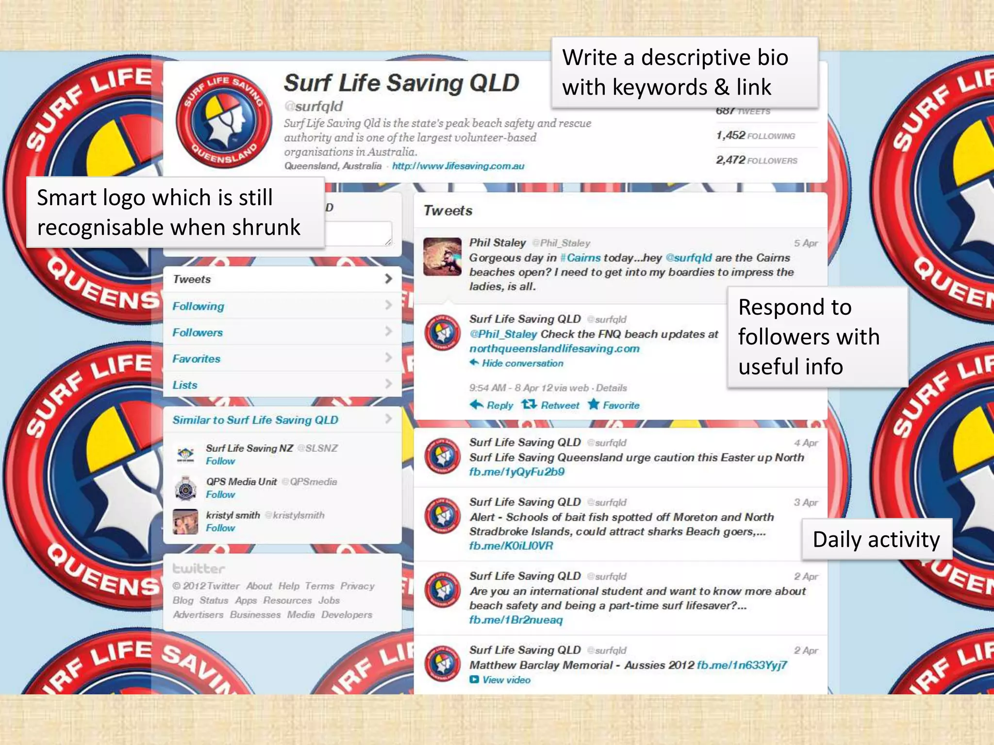 Write a descriptive bio
                            with keywords & link



Smart logo which is still
recognisable when shrunk


                                             Respond to
                                             followers with
                                             useful info




                                                      Daily activity
 