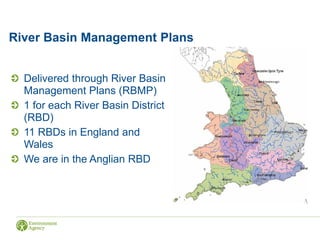 River Basin Management Plans
Delivered through River Basin
Management Plans (RBMP)
1 for each River Basin District
(RBD)
11 RBDs in England and
Wales
We are in the Anglian RBD
 