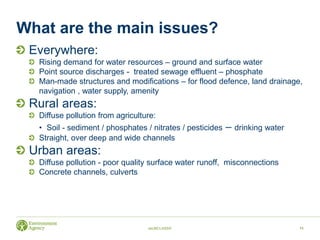 What are the main issues?
Everywhere:
Rising demand for water resources – ground and surface water
Point source discharges - treated sewage effluent – phosphate
Man-made structures and modifications – for flood defence, land drainage,
navigation , water supply, amenity
Rural areas:
Diffuse pollution from agriculture:
• Soil - sediment / phosphates / nitrates / pesticides – drinking water
Straight, over deep and wide channels
Urban areas:
Diffuse pollution - poor quality surface water runoff, misconnections
Concrete channels, culverts
ssUNCLASSIF 11
 