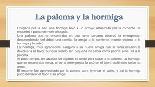 Obligada por la sed, una hormiga bajó a un arroyo; arrastrada por la corriente, se
encontró a punto de morir ahogada.
Una paloma que se encontraba en una rama cercana observó la emergencia;
desprendiendo del árbol una ramita, la arrojó a la corriente, montó encima a la
hormiga y la salvó.
La hormiga, muy agradecida, aseguró a su nueva amiga que si tenía ocasión le
devolvería el favor, aunque siendo tan pequeña no sabía cómo podría serle útil a la
paloma.
Al poco tiempo, un cazador de pájaros se alistó para cazar a la paloma. La hormiga,
que se encontraba cerca, al ver la emergencia lo picó en el talón haciéndole soltar su
arma.
El instante fue aprovechado por la paloma para levantar el vuelo, y así la hormiga
pudo devolver el favor a su amiga.

 