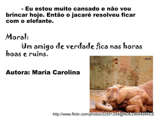 - Eu estou muito cansado e não vou
brincar hoje. Então o jacaré resolveu ficar
com o elefante.
Moral:
Um amigo de verdade fica nas horas
boas e ruins.
Autora: Maria Carolina
http://www.flickr.com/photos/22551294@N08/2969499453/
 