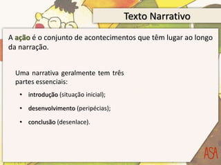 Texto Narrativo
A ação é o conjunto de acontecimentos que têm lugar ao longo
da narração.
Uma narrativa geralmente tem três
partes essenciais:
• introdução (situação inicial);
• desenvolvimento (peripécias);
• conclusão (desenlace).
 