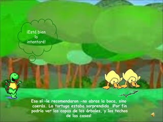 Eso sí –le recomendaron -no abras la boca, sino  caerás. La tortuga estaba sorprendida  ¡Por fin podría ver las copas de los árboles, y los techos de las casas!  ¡Está bien lo intentaré! 