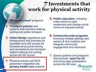 7 Investments that
                   work for physical activity
                                      5. Public education, including
1. Whole-of-school’ programs            mass media to raise
                                        awareness and change social
2. Transport policies and               norms on physical activity
   systems that prioritise walking,
   cycling and public transport
                                      6. Community-wide programs
3. Urban design regulations and         involving multiple settings and
   infrastructure that provides for     sectors & that mobilize and
   equitable and safe access for        integrate community
   recreational physical activity,      engagement and resources
   and recreational and transport-
   related walking and cycling
   across the life course             7. Sports systems and programs
                                        that promote ‘sport for all’
4. Physical activity and NCD            and encourage participation
   prevention integrated into           across the life span
   primary health care systems
 