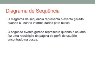 Diagrama de SequênciaO diagrama de sequência representa o evento gerado quando o usuário informa dados para busca.O segundo evento gerado representa quando o usuário faz uma requisição da página de perfil do usuário encontrado na busca.
