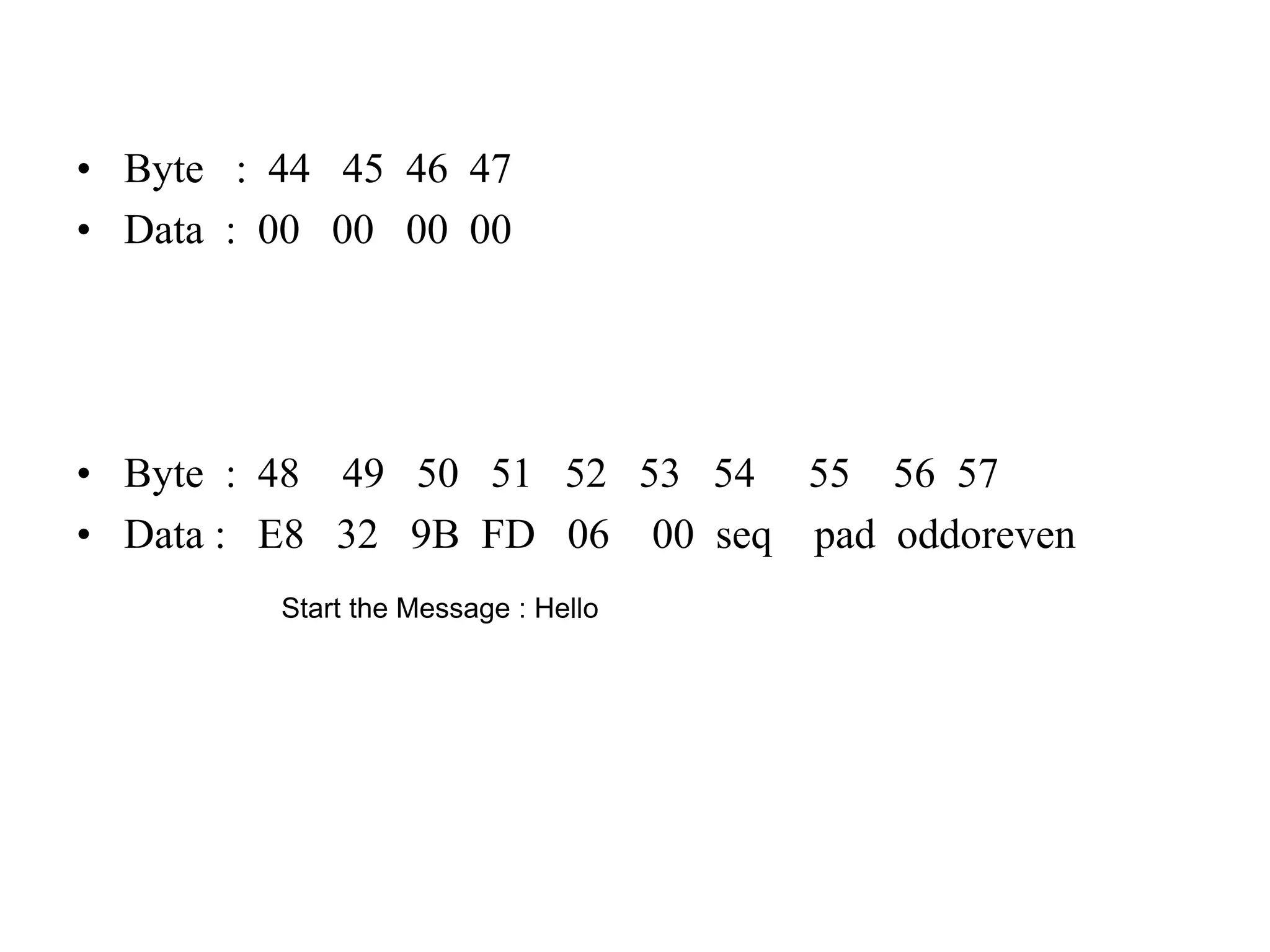 • Byte : 44 45 46 47
• Data : 00 00 00 00
• Byte : 48 49 50 51 52 53 54 55 56 57
• Data : E8 32 9B FD 06 00 seq pad oddoreven
Start the Message : Hello
 