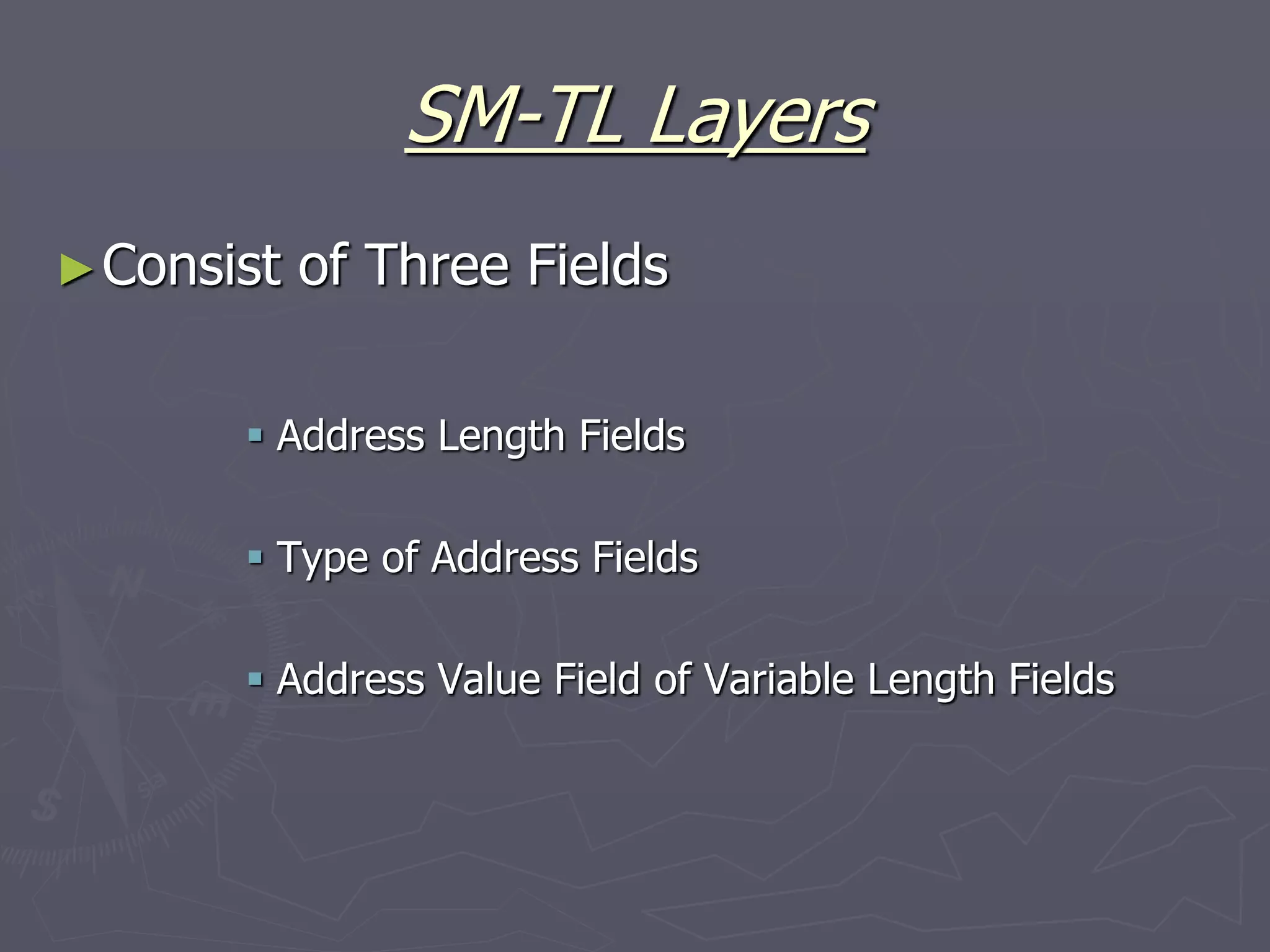 SM-TL Layers
►Consist of Three Fields
 Address Length Fields
 Type of Address Fields
 Address Value Field of Variable Length Fields
 