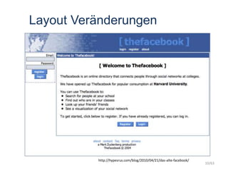 Layout Veränderungen
http://hypesrus.com/blog/2010/04/21/das-alte-facebook/
10/63
 
