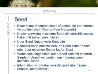 Seed
• Besteht aus Knotenpunkten (Seeds), die per Internet
verbunden sind (Peer-to-Peer Netzwerk)
• Nutzer verwaltet in seinem Seed ein verschlüsseltes
Paket mit seinen pers. Daten
• Über Seed Nutzer volle Kontrolle
• Benutzer kann entscheiden, ob Seed selber hostet
oder über externen Server laufen lässt
• Wenn dies eingerichtet kann Seed sich mit anderen
Seeds (=Usern) verbinden, um Informationen
auszutauschen
• Information wird dabei verschlüsselt übertragen
(Inhalte „abhörsicher“) 46/63
 