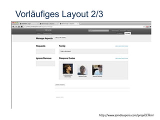 Vorläufiges Layout 2/3
http://www.joindiaspora.com/project.html49/63
 
