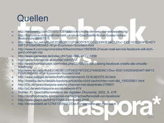 Quellen
http://netzwertig.com/2010/07/08/facebook-credits-der-weg-zur-webwaehrung/
http://bazonline.ch/digital/internet/Lukrative-Geschaefte-fiktive-Gueter-hohes-
Risiko/story/26867315
http://www.faz.net/s/RubE2C6E0BCC2F04DD787CDC274993E94C1/Doc~EEE143529345D4671
99F72FD58D983A83~ATpl~Ecommon~Scontent.html
http://www.tt.com/csp/cms/sites/tt/Nachrichten/1683858-2/neuer-mail-service-facebook-will-dich-
ganz-und-gar.csp
http://www.gamestar.de/index.cfm?pid=88&pk=2318498
http://www.futurezone.at/stories/1664255/
http://www.thomashutter.com/index.php/2010/09/e-fundraising-facebook-credits-als-virtuelle-
waehrung/
http://www.faz.net/s/RubE2C6E0BCC2F04DD787CDC274993E94C1/Doc~EEE143529345D467199F72
FD58D983A83~ATpl~Ecommon~Scontent.html
http://www.spiegel.de/wirtschaft/unternehmen/0,1518,663375,00.html
http://meedia.de/nc/details-topstory/article/die-nicht-nachrichten-vom-dld_100025851.html
http://t3n.de/news/diaspora-welche-chancen-hat-dezentrale-279997/
http://pc.de/web/diaspora-social-network-674
Stähler, P.: Geschäftsmodelle in der digitalen Ökonomie, 2002, S. 41ff.
http://mindfoodmedia.com/social-media/geschaeftsmodell-von-facebook/
http://www.golem.de/0910/70585-2.html, Okt 2009
http://derstandard.at/1276413599312/Die-Fundamente-von-Facebook
58/63
 