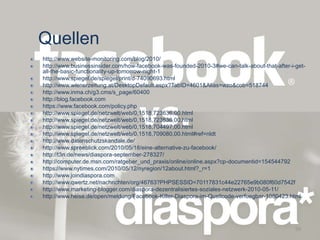 Quellen
http://www.website-monitoring.com/blog/2010/
http://www.businessinsider.com/how-facebook-was-founded-2010-3#we-can-talk-about-that-after-i-get-
all-the-basic-functionality-up-tomorrow-night-1
http://www.spiegel.de/spiegel/print/d-74090693.html
http://www.wienerzeitung.at/DesktopDefault.aspx?TabID=4601&Alias=wzo&cob=518744
http://www.inma.ch/g3.cms/s_page/60400
http://blog.facebook.com
https://www.facebook.com/policy.php
http://www.spiegel.de/netzwelt/web/0,1518,723636,00.html
http://www.spiegel.de/netzwelt/web/0,1518,723636,00.html
http://www.spiegel.de/netzwelt/web/0,1518,704497,00.html
http://www.spiegel.de/netzwelt/web/0,1518,709080,00.html#ref=nldt
http://www.datenschutzskandale.de/
http://www.spreeblick.com/2010/05/18/eine-alternative-zu-facebook/
http://t3n.de/news/diaspora-september-278327/
http://computer.de.msn.com/ratgeber_und_praxis/online/online.aspx?cp-documentid=154544792
https://www.nytimes.com/2010/05/12/nyregion/12about.html?_r=1
http://www.joindiaspora.com
http://www.qwertz.net/nachrichten/org/46763?PHPSESSID=70117831c44e22765e9b080f60d7542f
http://www.marketing-blogger.com/diaspora-dezentralisiertes-soziales-netzwerk-2010-05-11/
http://www.heise.de/open/meldung/Facebook-Killer-Diaspora-im-Quellcode-verfuegbar-1080423.html
59
 