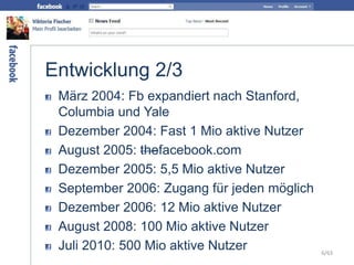 Entwicklung 2/3
März 2004: Fb expandiert nach Stanford,
Columbia und Yale
Dezember 2004: Fast 1 Mio aktive Nutzer
August 2005: thefacebook.com
Dezember 2005: 5,5 Mio aktive Nutzer
September 2006: Zugang für jeden möglich
Dezember 2006: 12 Mio aktive Nutzer
August 2008: 100 Mio aktive Nutzer
Juli 2010: 500 Mio aktive Nutzer 6/63
 
