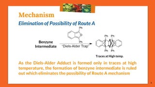 Mechanism
Benzyne
Intermediate
Traces at High temp.
Elimination of Possibility of Route A
As the Diels-Alder Adduct is formed only in traces at high
temperature, the formation of benzyne intermediate is ruled
out which eliminates the possibility of Route A mechanism
6
 