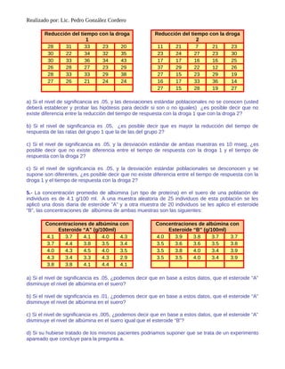 Realizado por: Lic. Pedro González Cordero
Reducción del tiempo con la droga
1
Reducción del tiempo con la droga
2
28 31 33 23 20 11 21 7 21 23
30 22 34 32 35 23 24 27 23 30
30 33 36 34 43 17 17 16 16 25
26 28 27 23 29 37 29 22 12 26
28 33 33 29 38 27 15 23 29 19
27 26 21 24 24 16 17 33 36 14
27 15 28 19 27
a) Si el nivel de significancia es .05, y las desviaciones estándar poblacionales no se conocen (usted
deberá establecer y probar las hipótesis para decidir si son o no iguales) ¿es posible decir que no
existe diferencia entre la reducción del tiempo de respuesta con la droga 1 que con la droga 2?
b) Si el nivel de significancia es .05, ¿es posible decir que es mayor la reducción del tiempo de
respuesta de las ratas del grupo 1 que la de las del grupo 2?
c) Si el nivel de significancia es .05, y la desviación estándar de ambas muestras es 10 mseg, ¿es
posible decir que no existe diferencia entre el tiempo de respuesta con la droga 1 y el tiempo de
respuesta con la droga 2?
c) Si el nivel de significancia es .05, y la desviación estándar poblacionales se desconocen y se
supone son diferentes, ¿es posible decir que no existe diferencia entre el tiempo de respuesta con la
droga 1 y el tiempo de respuesta con la droga 2?
5.- La concentración promedio de albúmina (un tipo de proteína) en el suero de una población de
individuos es de 4.1 g/100 ml. A una muestra aleatoria de 25 individuos de esta población se les
aplicó una dosis diaria de esteroide ”A” y a otra muestra de 20 individuos se les aplico el esteroide
“B”, las concentraciones de albúmina de ambas muestras son las siguientes:
Concentraciones de albúmina con
Esteroide “A” (g/100ml)
Concentraciones de albúmina con
Esteroide “B” (g/100ml)
4.1 3.7 4.1 4.0 4.3 4.0 3.9 3.8 3.7 3.7
3.7 4.4 3.8 3.5 3.4 3.5 3.6 3.6 3.5 3.8
4.0 4.3 4.5 4.0 3.5 3.5 3.8 4.0 3.4 3.9
4.3 3.4 3.3 4.3 2.9 3.5 3.5 4.0 3.4 3.9
3.8 3.8 4.1 4.4 4.1
a) Si el nivel de significancia es .05, ¿podemos decir que en base a estos datos, que el esteroide “A”
disminuye el nivel de albúmina en el suero?
b) Si el nivel de significancia es .01, ¿podemos decir que en base a estos datos, que el esteroide “A”
disminuye el nivel de albúmina en el suero?
c) Si el nivel de significancia es .005, ¿podemos decir que en base a estos datos, que el esteroide “A”
disminuye el nivel de albúmina en el suero igual que el esteroide “B”?
d) Si su hubiese tratado de los mismos pacientes podriamos suponer que se trata de un experimento
apareado que concluye para la pregunta a.
 