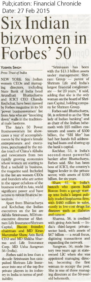 Financial Chronicle: Six Indian bizwomen in Forbes' 50 - 27Feb2015
