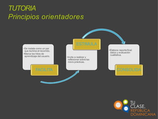 TUTORIA
Principios orientadores
•Se instala como un par
que ilumina el recorrido.
•Marca los hitos de
aprendizaje del usuario.
FACILITA
•Invita a realizar y
reflexionar sobre las
micro prácticas.
ESTIMULA
•Elabora reportefinal:
datos y evaluación
cualitativa.
CONSOLIDA
 