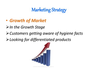 Marketing Strategy
• Growth of Market
In the Growth Stage
Customers getting aware of hygiene facts
Looking for differentiated products
 