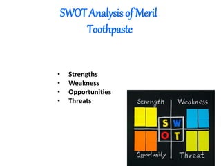 SWOT Analysis of Meril
Toothpaste
• Strengths
• Weakness
• Opportunities
• Threats
 